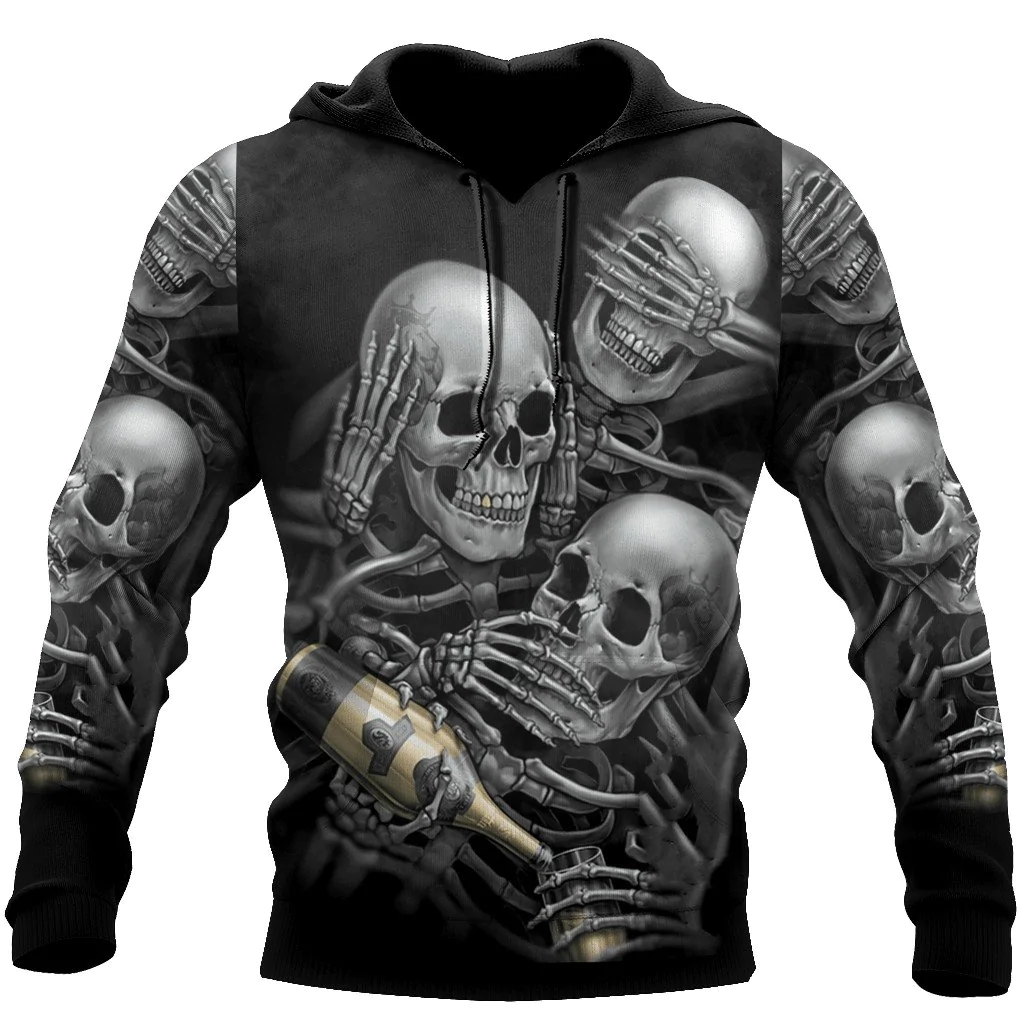 Three Wise Skulls Smoke And Drink Hoodie For Men And Women/ Funny Skull Hoodies