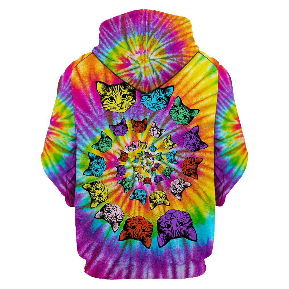Tie Dye Hippie Cat Hoodie 3D All Over Print Cat Hippie Hoodie For Women/ Hippie Gift To Her