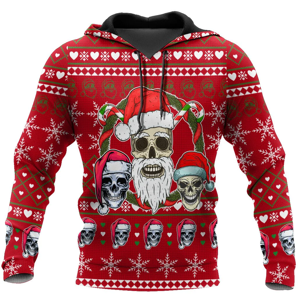 3D All Over Print Hoodie With Skull On Christmas/ X Mas Gift For Skull Lover/ Skull Xmas Hoodie
