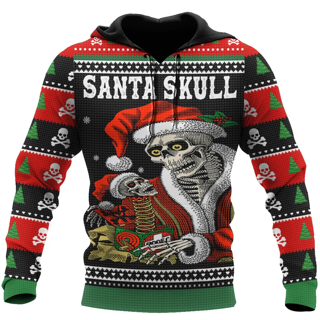 Skulls Christmas Unisex Hoodies/ 3D Skull Xmas Hoodies Santa Skull Hoodies