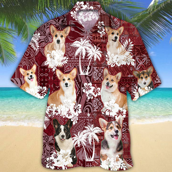 Pembroke Welsh Corgi Hawaiian Shirt/ Dog Hawaiian Shirt Red Tribal Pattern