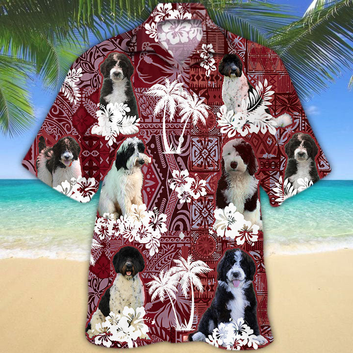 Black and White Goldendoodle Hawaiian Shirt/ Hawaii Shirt With Dog And Red Tribal Pattern