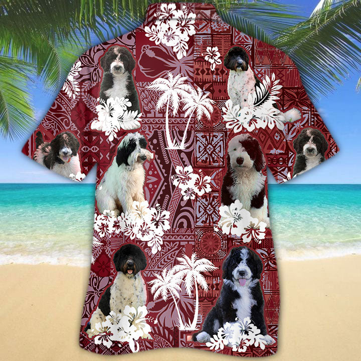 Black and White Goldendoodle Hawaiian Shirt/ Hawaii Shirt With Dog And Red Tribal Pattern