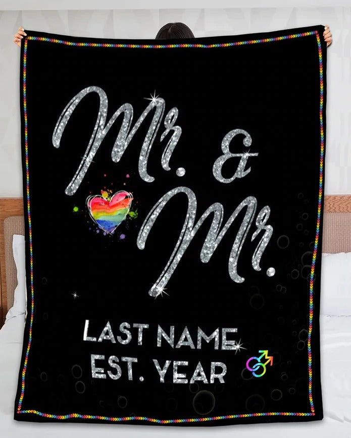 Personalized Pride Day Blanket For Lgbt Couple Mr & Mr Rainbow Heart Printed Custom Name & Year