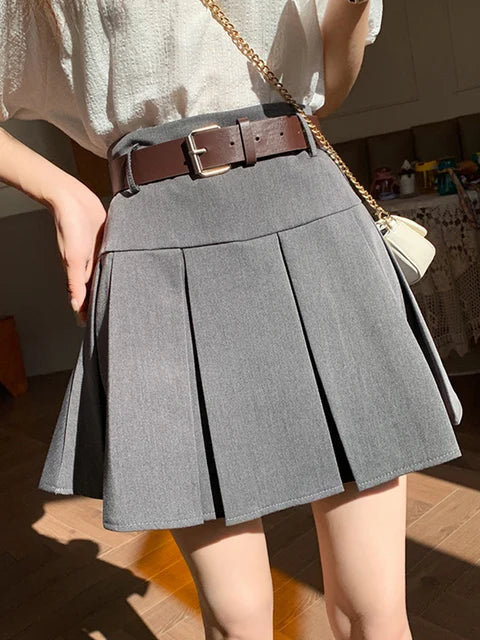 High Waist Women Skirt Summer Harajuku Solid Casual Mini Short Skirt Ladies Vintage Slim A-Line Pleated Skirts Belt Female