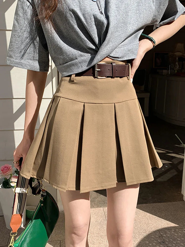 High Waist Women Skirt Summer Harajuku Solid Casual Mini Short Skirt Ladies Vintage Slim A-Line Pleated Skirts Belt Female