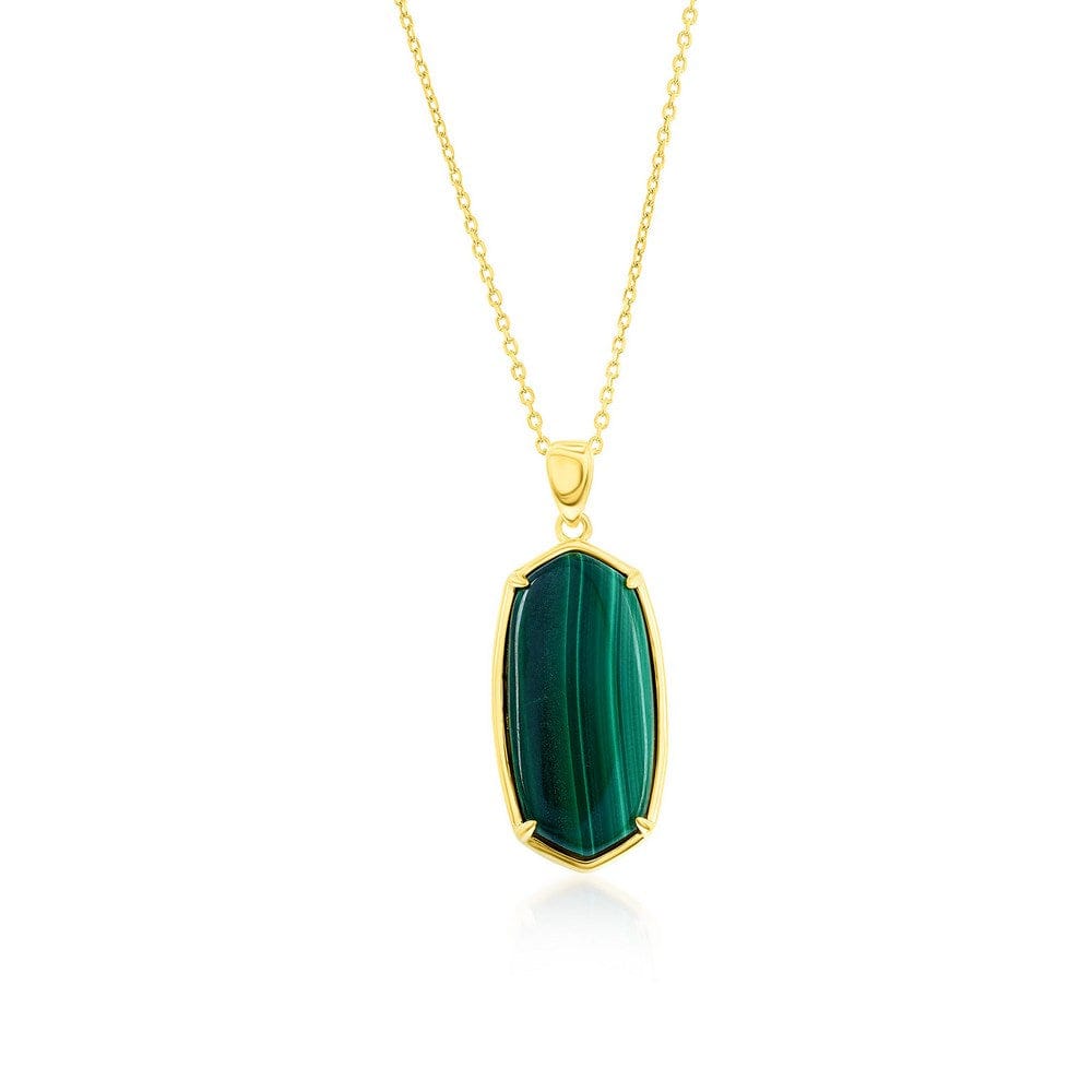 Sterling Silver Long Hexagon Malachite Pendant - Gold Plated