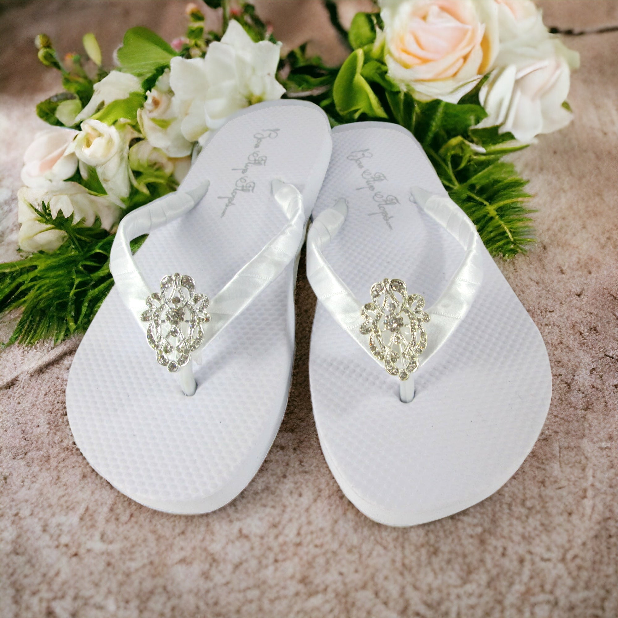 Hot Pink Satin Ribbon Heart Rhinestone Flat Flip Flop Sandals, Customizable Wedding