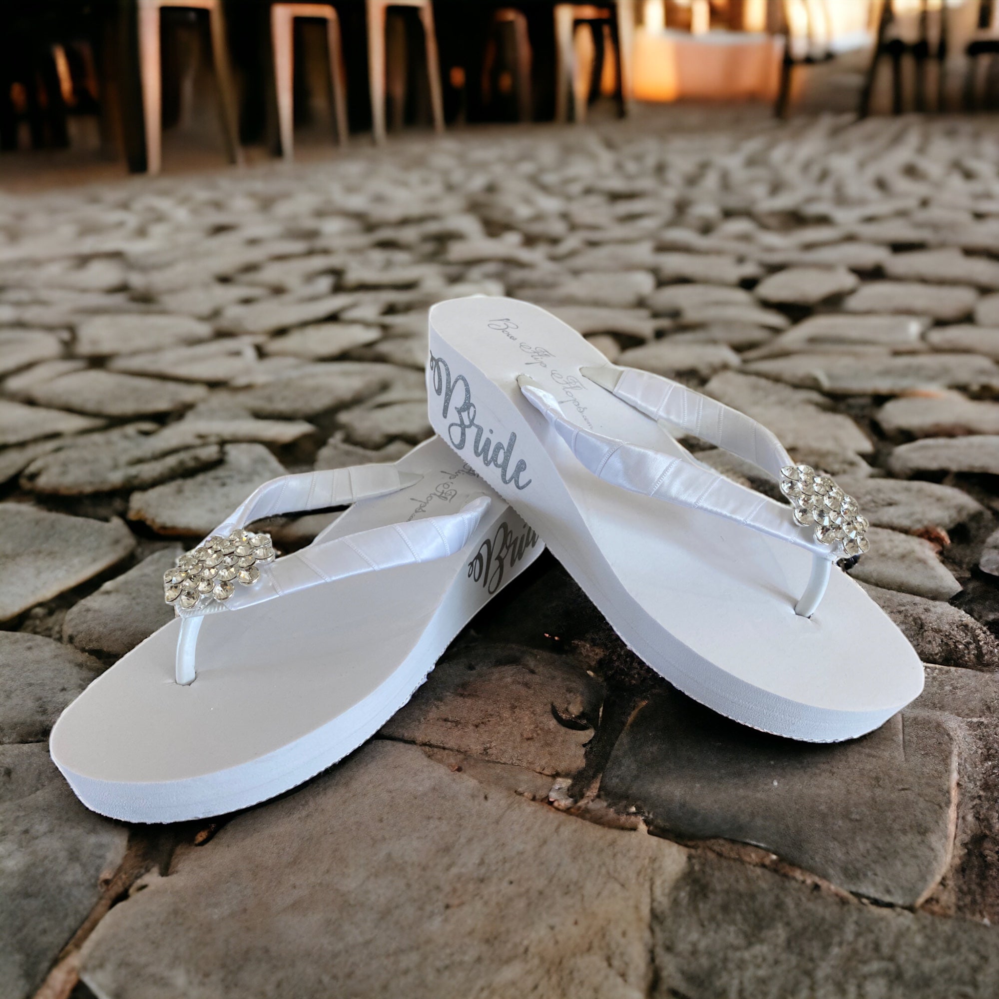 Bride Wedge Heel 2 Inch Flip Flops with Rhinestone Heart Embellishment