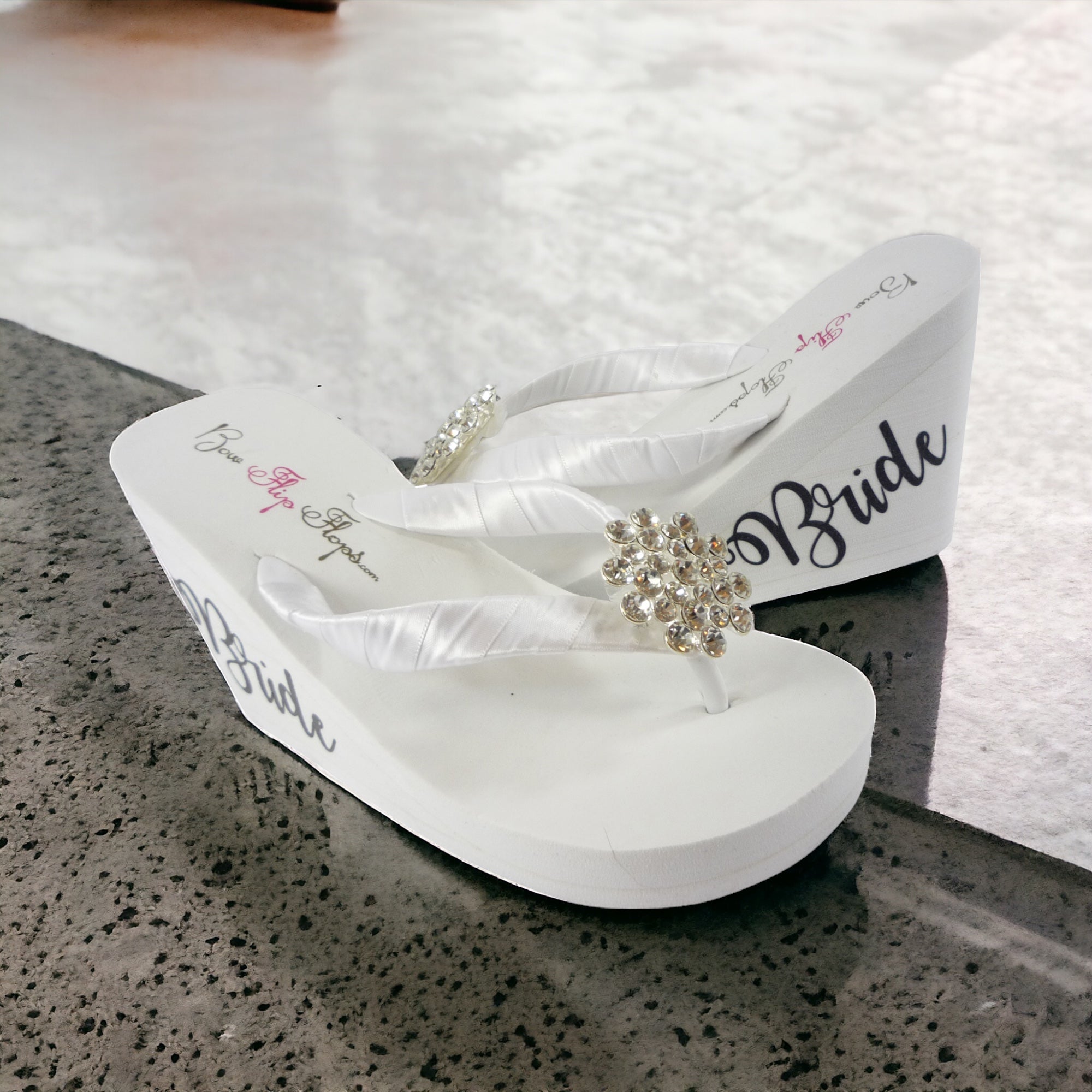 Bride Wedge Heel 2 Inch Flip Flops with Rhinestone Heart Embellishment