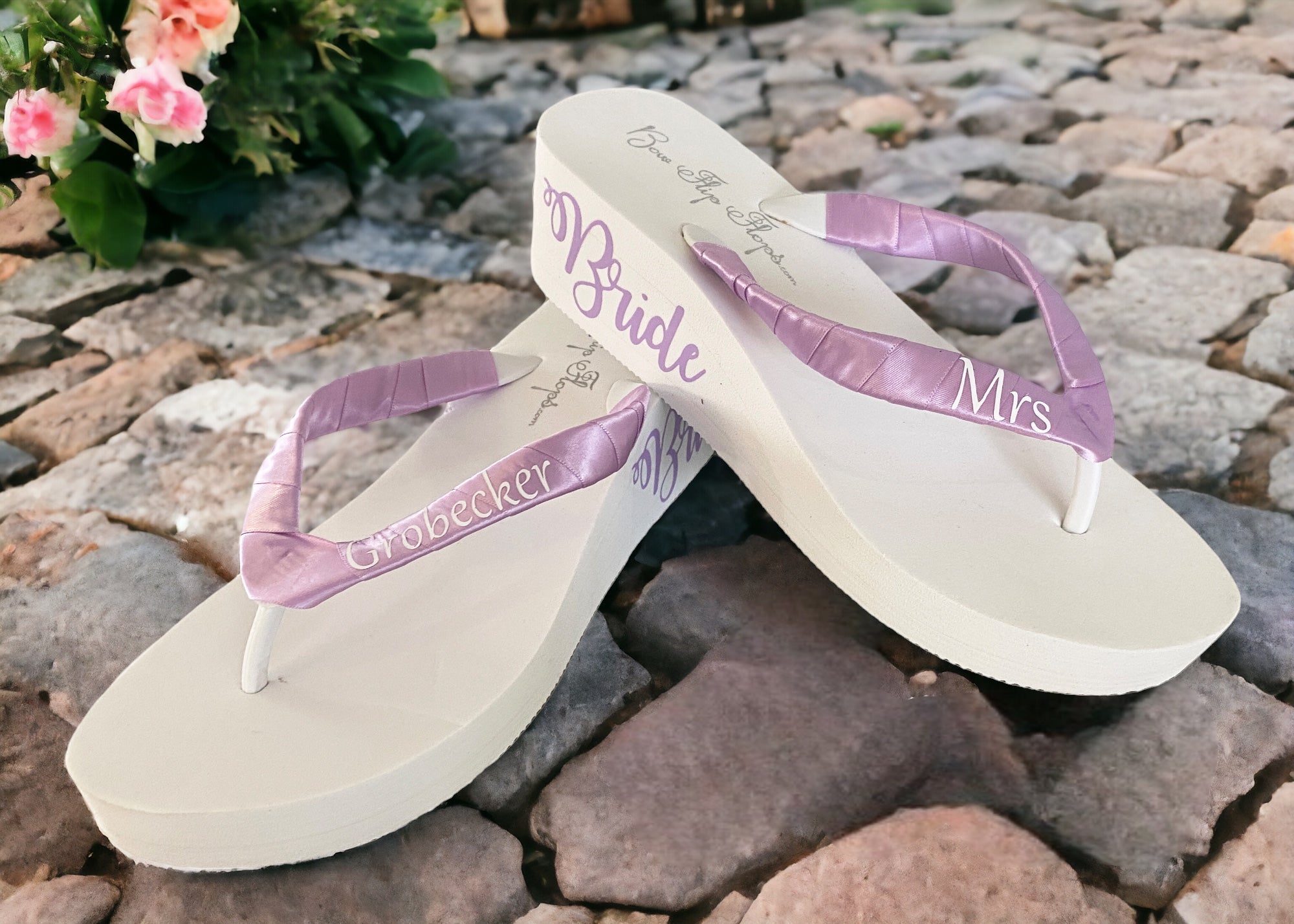 Mrs Bride on Side of Wedge Flip Flops, Customized Colors