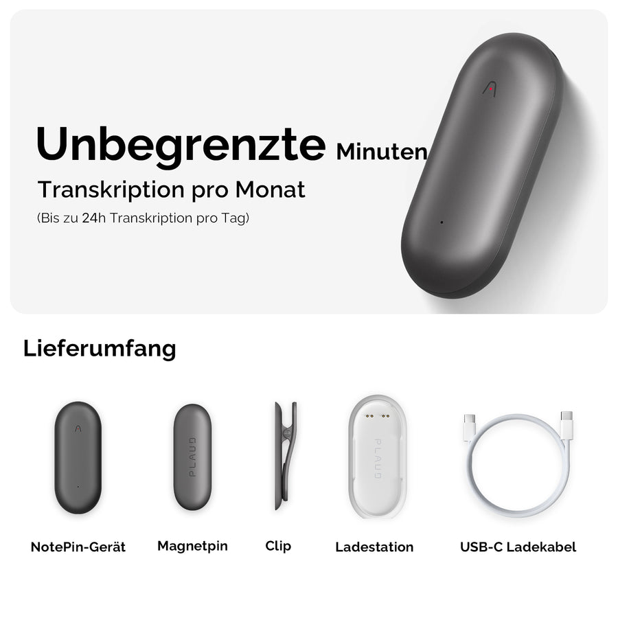 PLAUD NotePin & 2 KI Unbegrenzter Jahresplan
