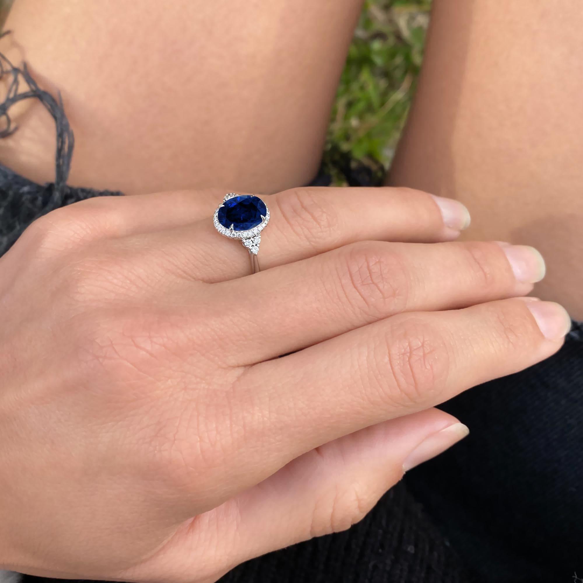 5.50 Carat Oval Shape Halo Blue Sapphire Engagement Ring