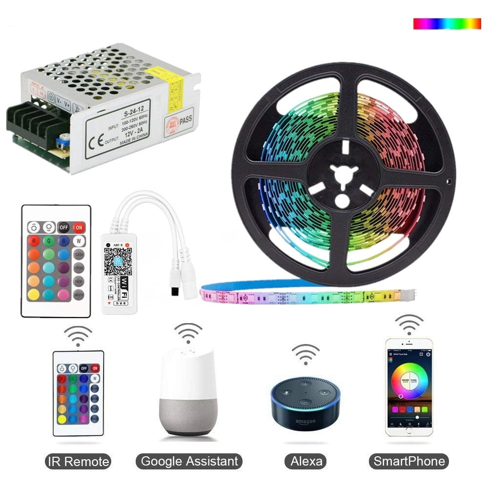 RGB LED Tape Wireless Wi-Fi LED Strip 5M 10M 15M Kit 12V 150leds Waterproof Flexible Rope Light+WiFi Controller+Power Supply