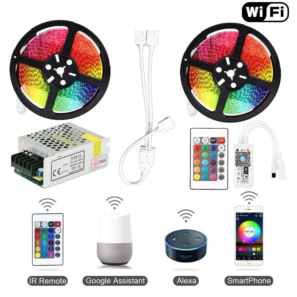 RGB LED Tape Wireless Wi-Fi LED Strip 5M 10M 15M Kit 12V 150leds Waterproof Flexible Rope Light+WiFi Controller+Power Supply