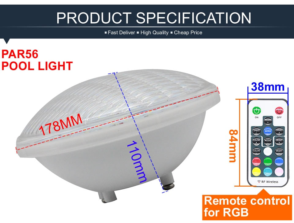 Ip68 Led Swimming Pool Light Par56 Led Waterproof Underwater Light 24W 36W RGB +Remote Controller Pond Lights AC DC 12V Piscina