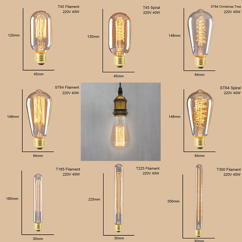 ST64 G95 G80 T30 Edison Incandescent Bulb Dimming 40W 220V E27 Vintage Light Retro Pendant Lamp Filament Spiral Industrial Decor