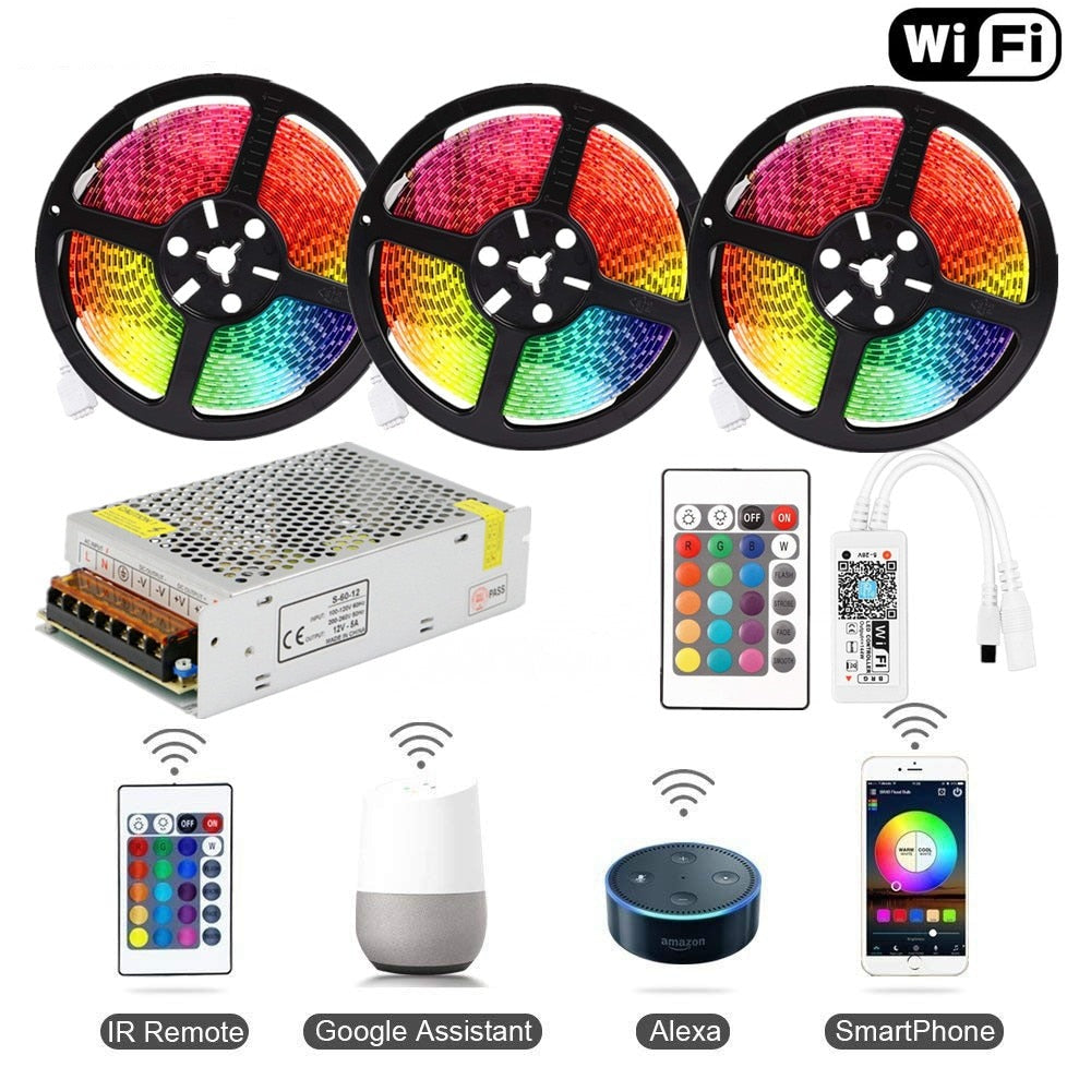 RGB LED Tape Wireless Wi-Fi LED Strip 5M 10M 15M Kit 12V 150leds Waterproof Flexible Rope Light+WiFi Controller+Power Supply