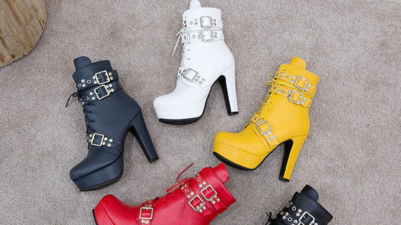 Size 14 chunky platform high heels booties with multi buckles