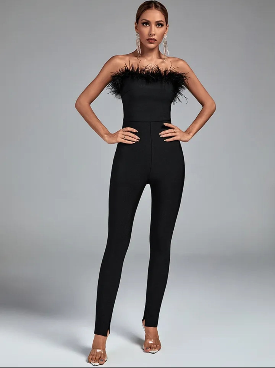 Noir Feather Fantasy: Elegant Club Jumpsuit