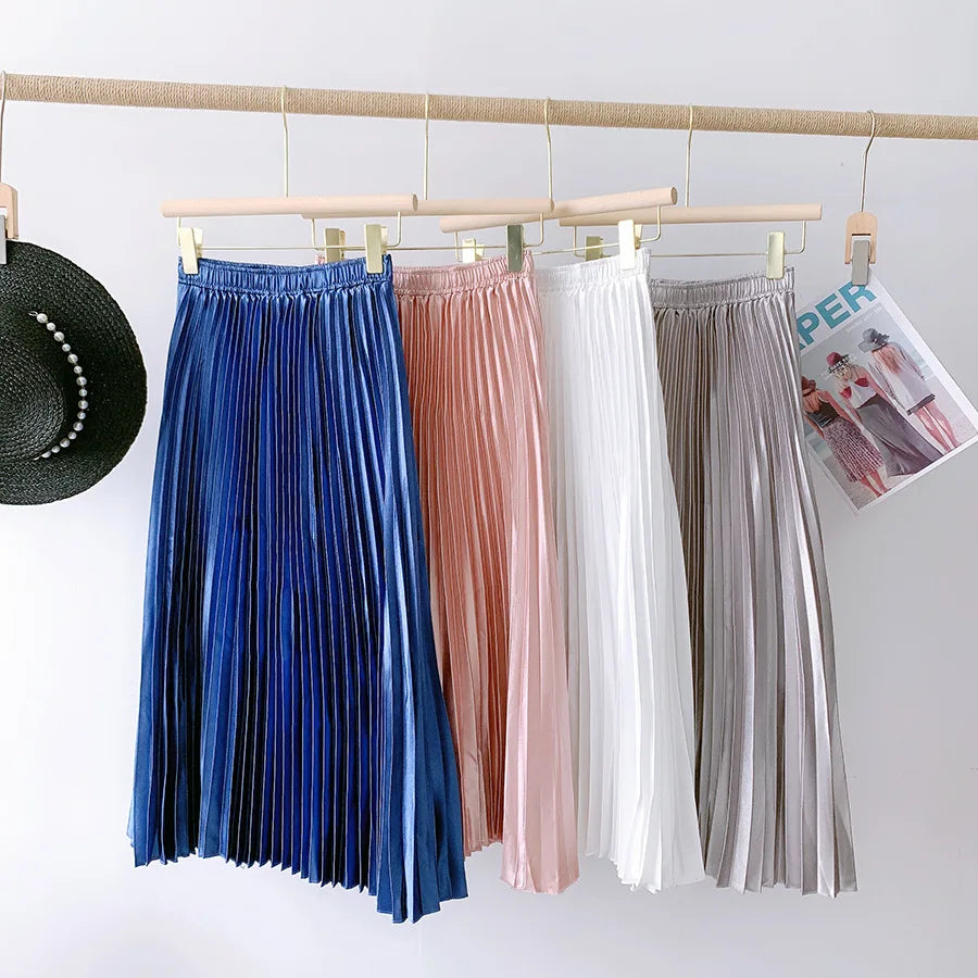 High Waist Satin Pleated Skirt SS0036 Autumn Solid Color Black Pink Blue White Long Skirt for Women