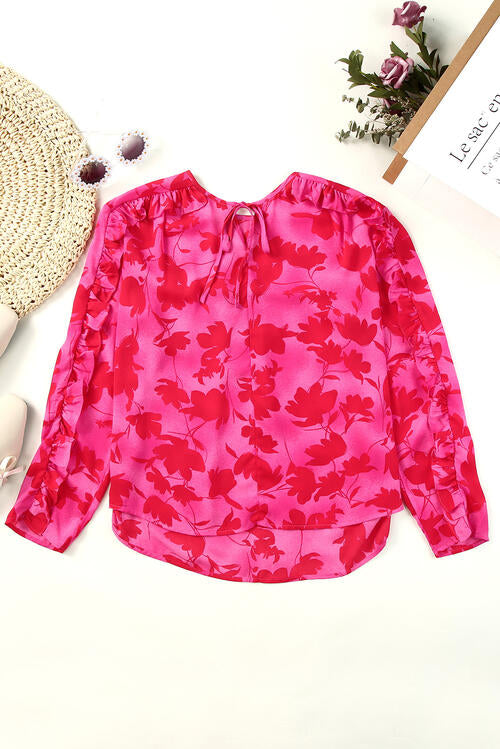 Boho Chic  Floral Tie Neck Ruffle Trim Blouse