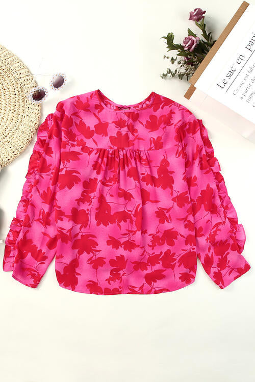 Boho Chic  Floral Tie Neck Ruffle Trim Blouse