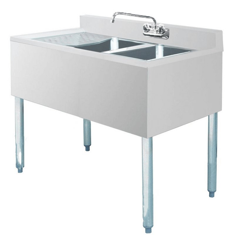Prepline BAR-2C-L Stainless Steel 2 Bowl Underbar Hand Sink with Faucet and Left Drainboard- 36