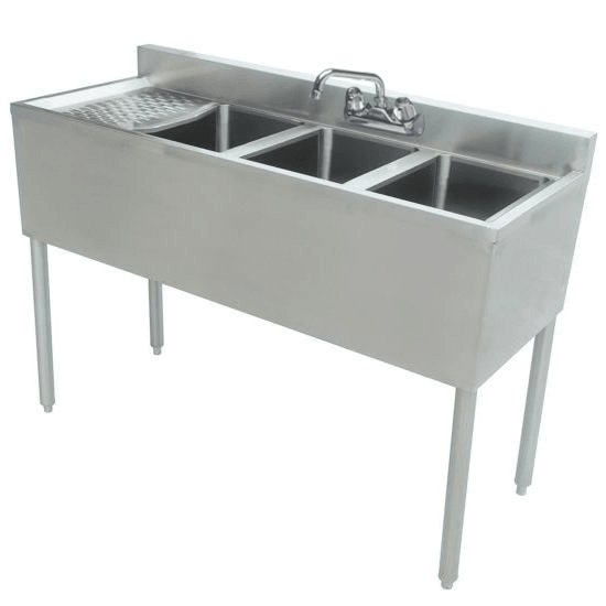 Prepline BAR-3C-L Stainless Steel 3 Bowl Underbar Hand Sink with Faucet and Left Drainboard, 48