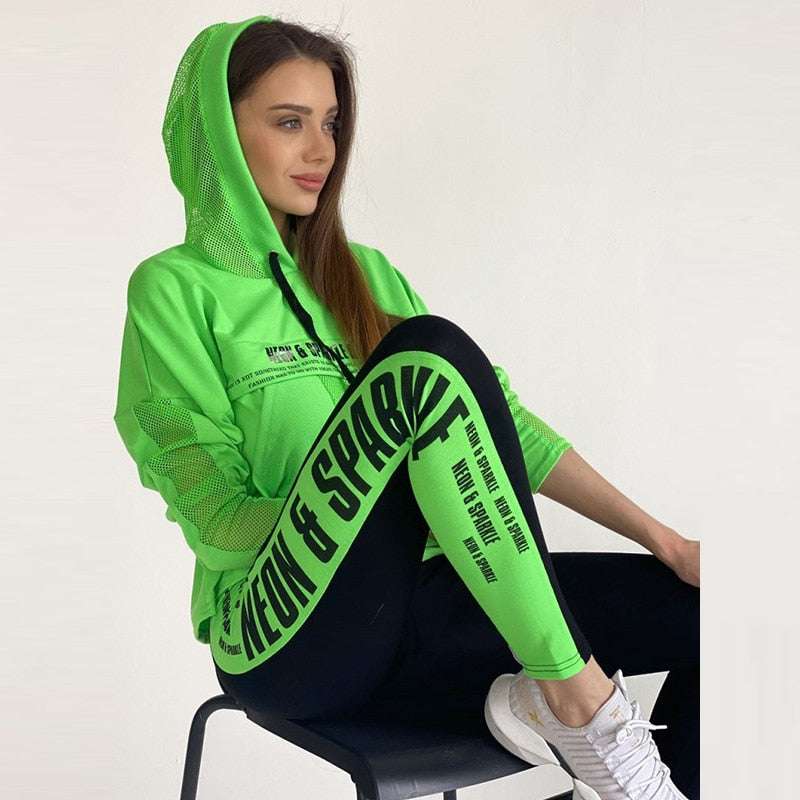 Patchwork Mesh Hoodies & Leggings Suits Sportswear