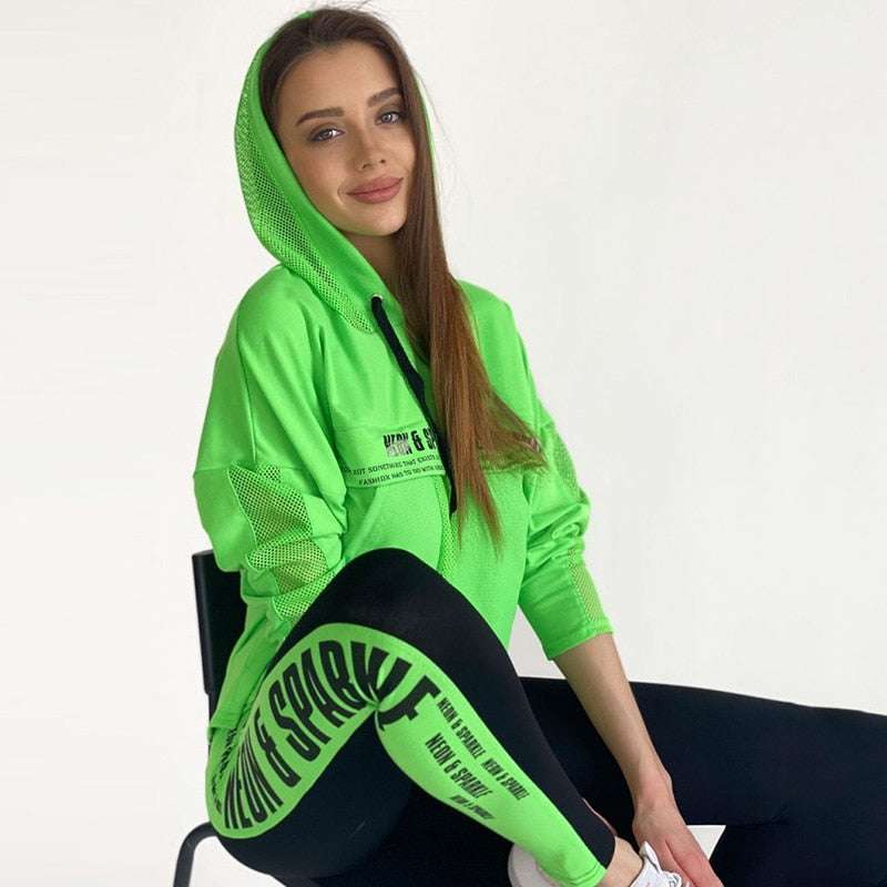 Patchwork Mesh Hoodies & Leggings Suits Sportswear