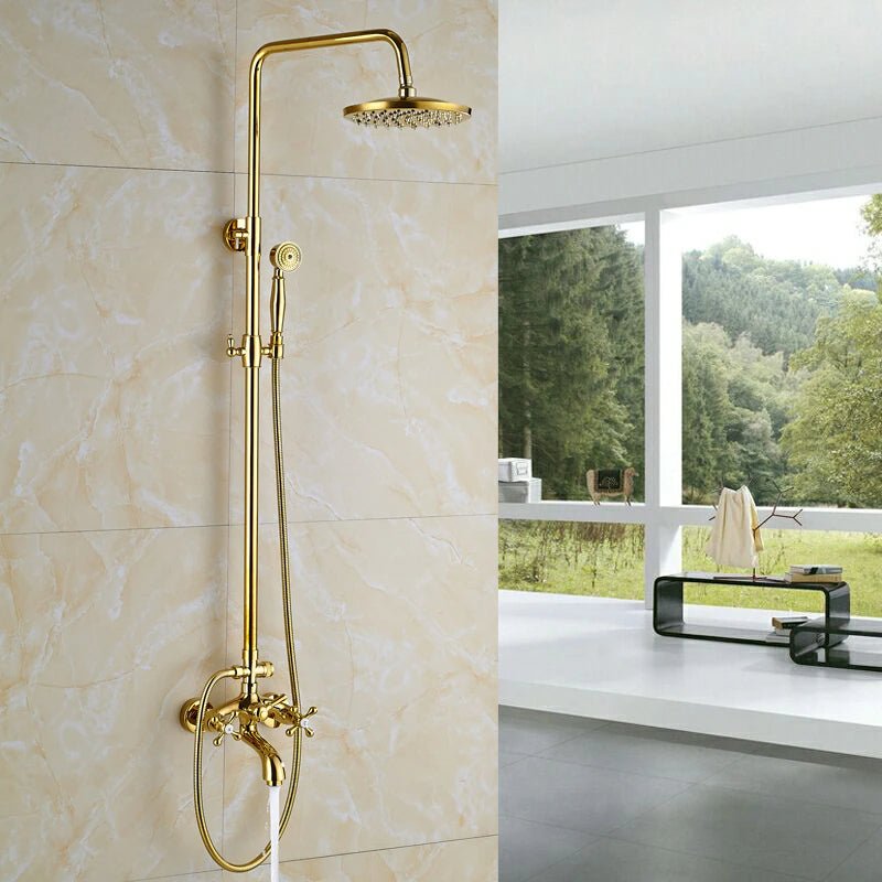 Fancy? Gold Shower Faucet Set Wall Mounted with Tub Spout Dual Handles Mixer Tap