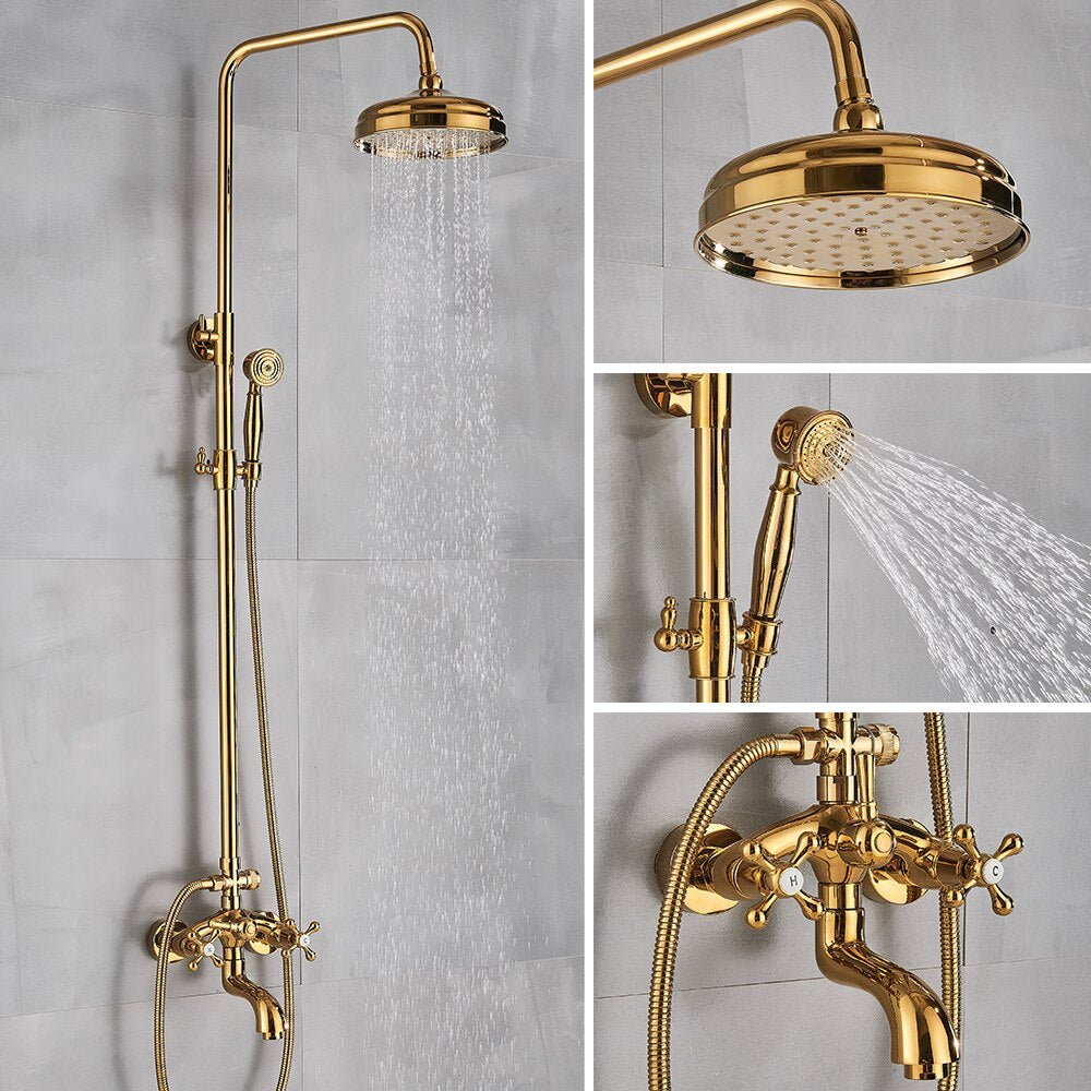 Fancy? Gold Shower Faucet Set Wall Mounted with Tub Spout Dual Handles Mixer Tap