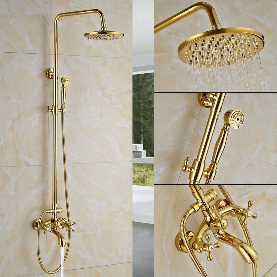 Fancy? Gold Shower Faucet Set Wall Mounted with Tub Spout Dual Handles Mixer Tap