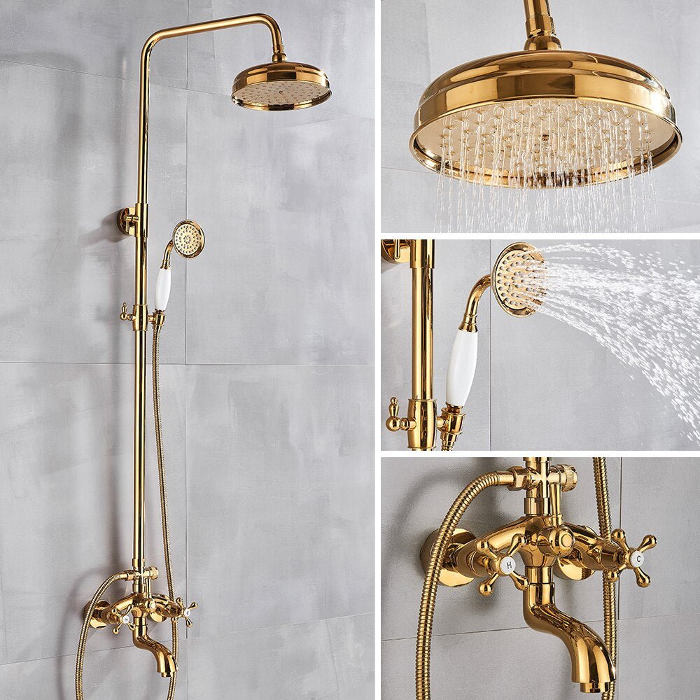 Fancy? Gold Shower Faucet Set Wall Mounted with Tub Spout Dual Handles Mixer Tap