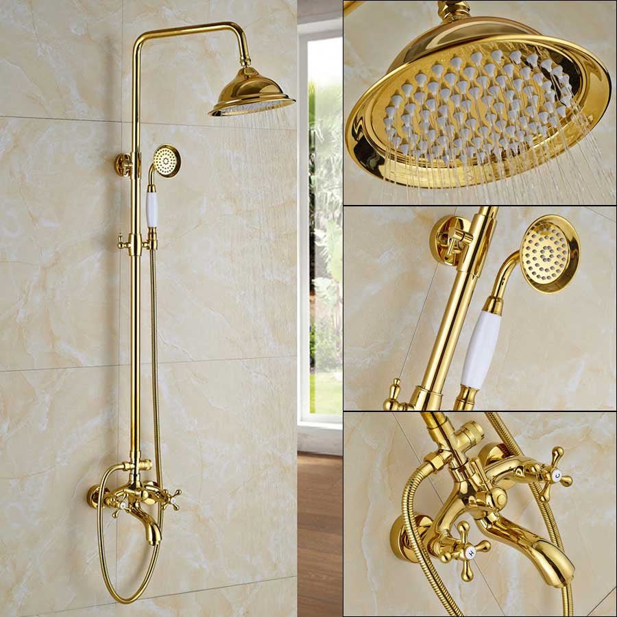 Fancy? Gold Shower Faucet Set Wall Mounted with Tub Spout Dual Handles Mixer Tap