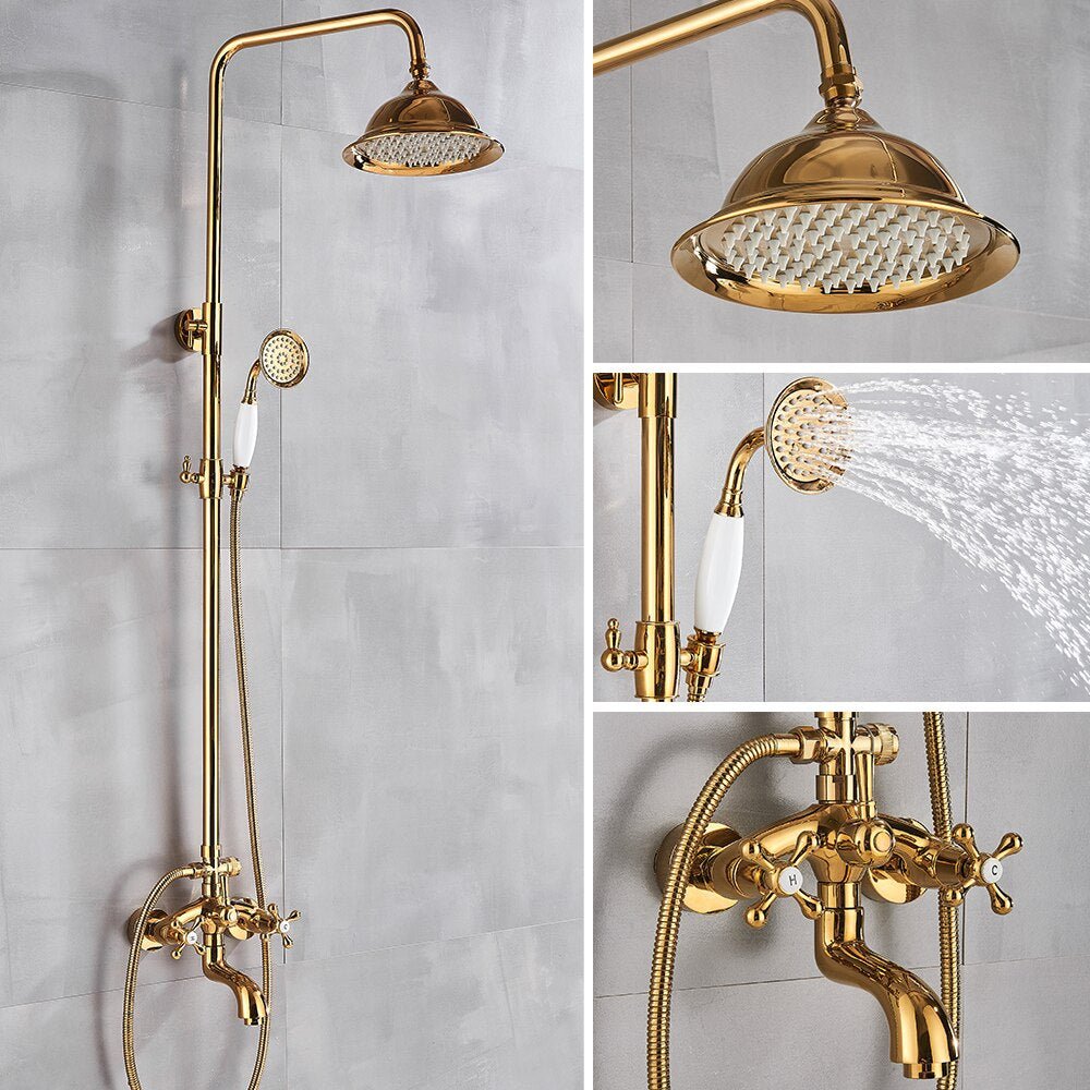 Fancy? Gold Shower Faucet Set Wall Mounted with Tub Spout Dual Handles Mixer Tap