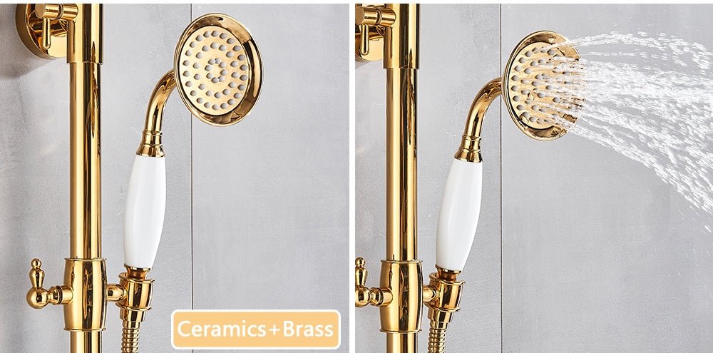 Fancy? Gold Shower Faucet Set Wall Mounted with Tub Spout Dual Handles Mixer Tap