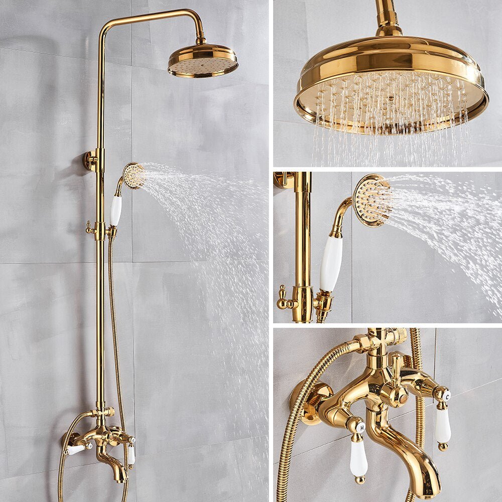 Fancy? Gold Shower Faucet Set Wall Mounted with Tub Spout Dual Handles Mixer Tap