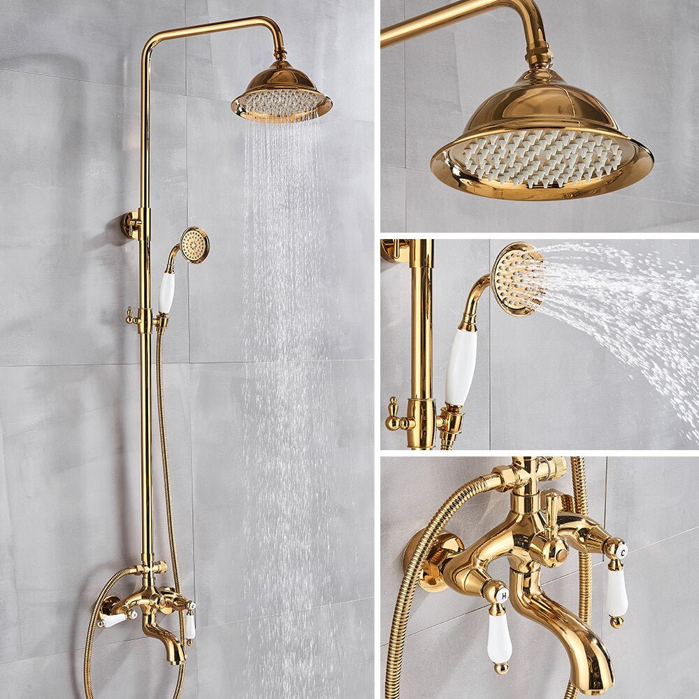 Fancy? Gold Shower Faucet Set Wall Mounted with Tub Spout Dual Handles Mixer Tap