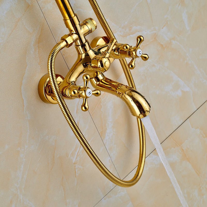 Fancy? Gold Shower Faucet Set Wall Mounted with Tub Spout Dual Handles Mixer Tap