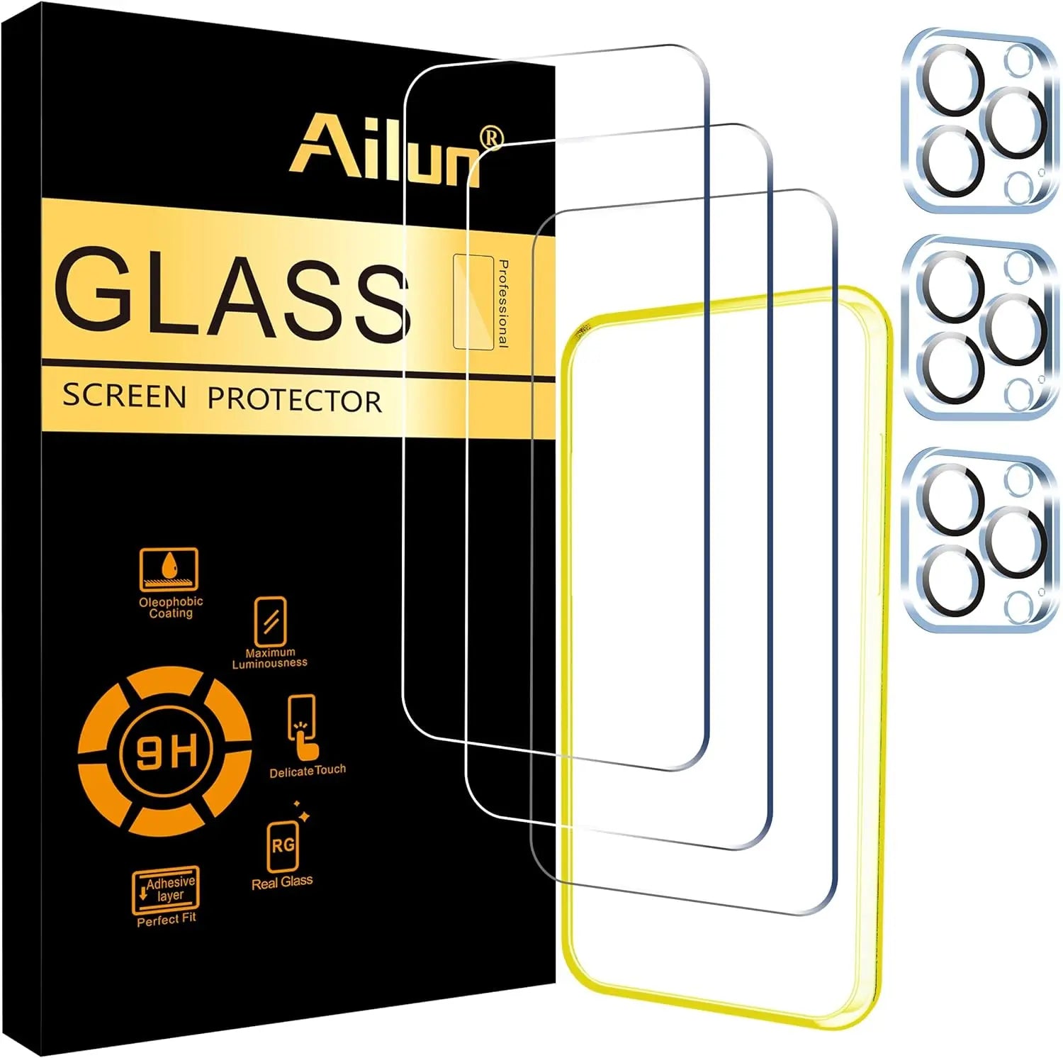 Ailun 3 Pack Screen Protector for iPhone 15 Pro Max [6.7 inch] + 3 Pack Camera Lens Protector,Sensor Protection,Dynamic Island Compatible,Case Friendly Tempered Glass Film,[9H Hardness] - HD[6 Pack]