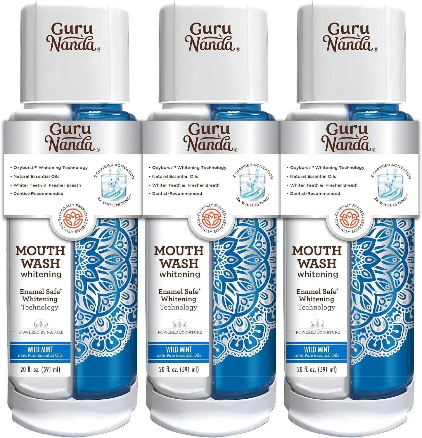 GuruNanda Dual Barrel Oxyburst Whitening Mouthwash - Contains Hydrogen Peroxide to Promote Whiter Teeth - Alcohol & Fluoride Free Rinse with 100% Natural Essential Oils, Wild Mint Flavor - 20 Flz Oz
