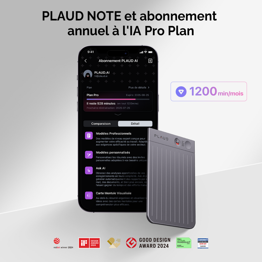 PLAUD NOTE et abonnement annuel à l’IA Pro Plan
