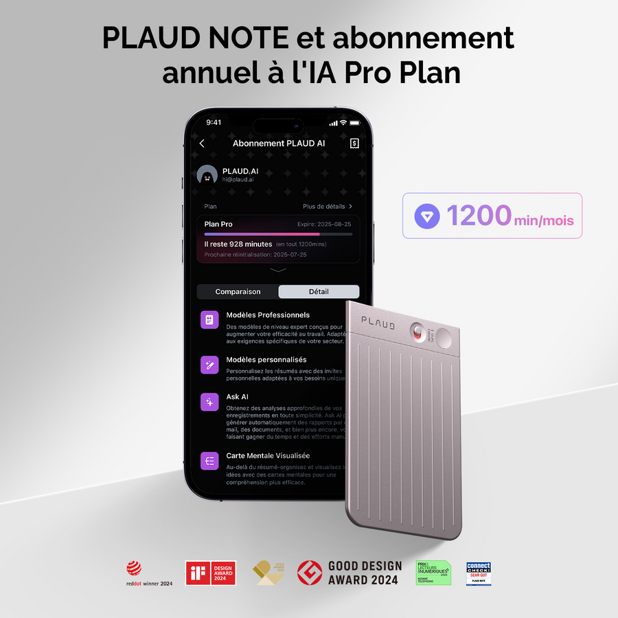 PLAUD NOTE et abonnement annuel à l’IA Pro Plan

