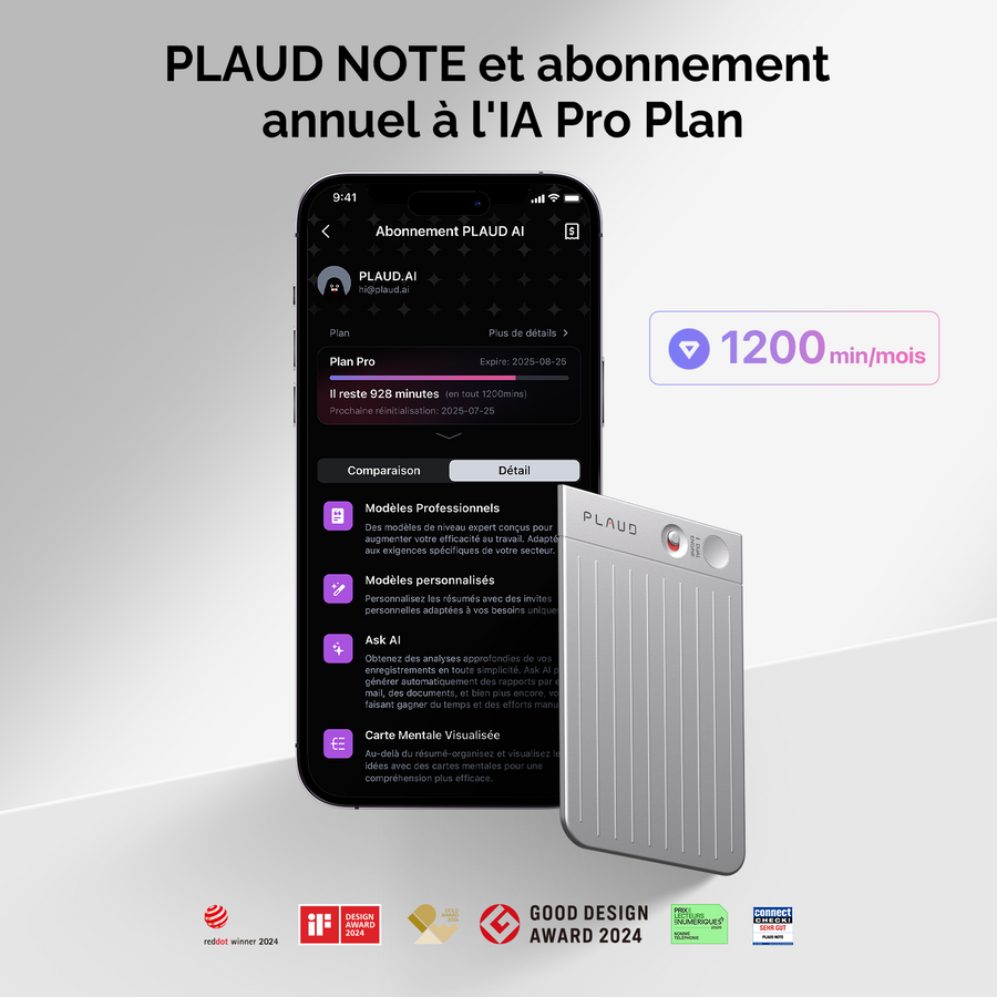 PLAUD NOTE et abonnement annuel à l’IA Pro Plan
