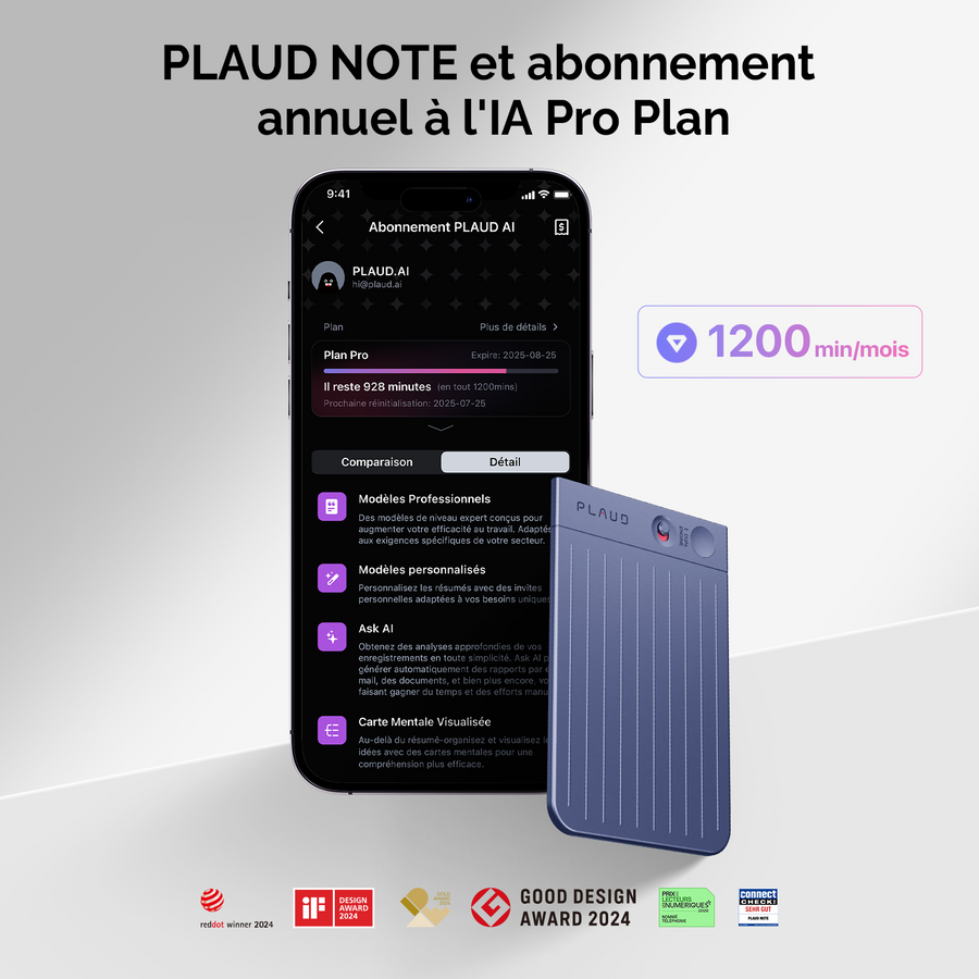 PLAUD NOTE et abonnement annuel à l’IA Pro Plan
