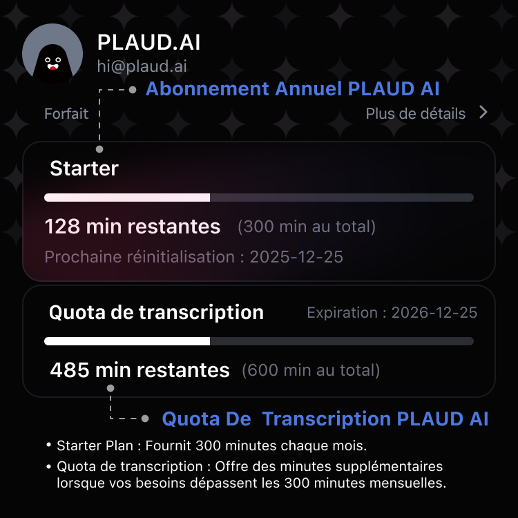 Quota de transcription PLAUD AI (6000/3000/600 minutes)
