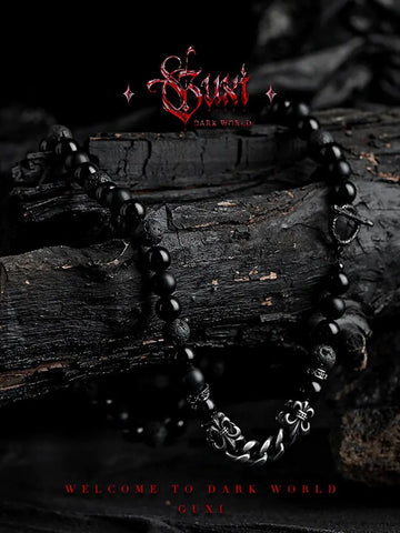 Guxi [Watcher] Retro Minority Black Agate Beaded Necklace Boys Niche Sweater Chain Gift for Boyfriend Buddha&Energy