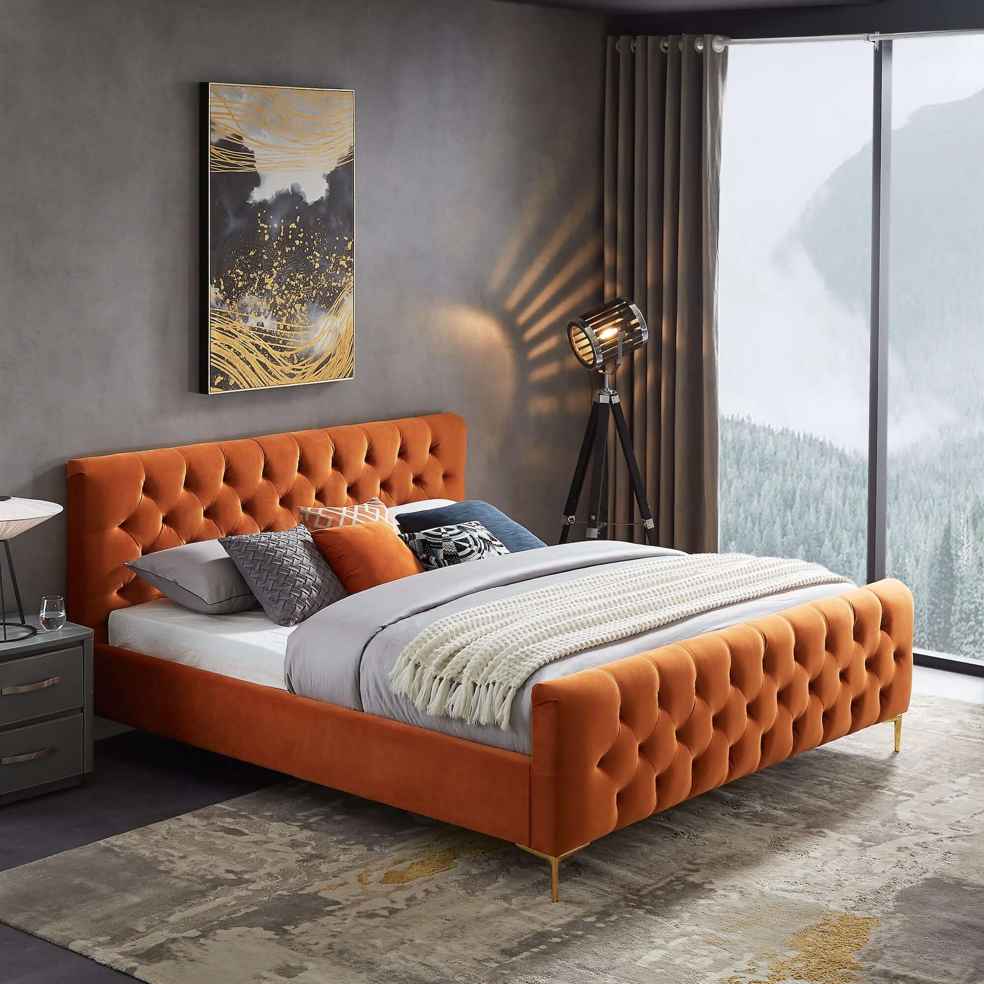 Bailey Velvet Upholstered Platform Bed Queen / Cognac